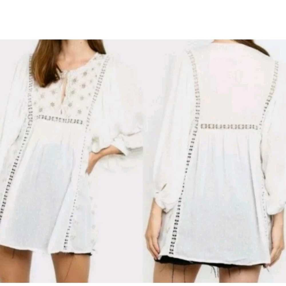 Free People Charlotte Top Size Small Embroidered Keyhole Ivory Women's